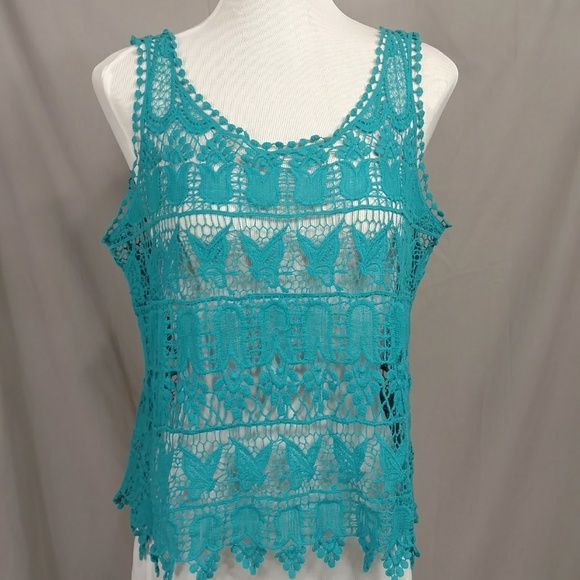 Turquoise Butterfly Crop Lace Crochet Cobweb Knit Tank Top Dark Aqua Weave - Picture 1 of 8